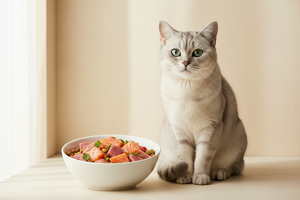 Professional pet food photography, premium cat food in stylish white bowl, salmon and tuna pieces visible, elegant grey cat sitting nearby looking at camera, soft natural window light, minimalist cream background, commercial lifestyle shot, 4k, high quality