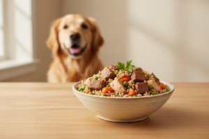 Professional pet food photography, premium dog food in elegant ceramic bowl, fresh meat chunks, vegetables and rice visible, happy golden retriever in soft focus background, warm natural lighting, clean beige backdrop, commercial product shot, 4k, high quality