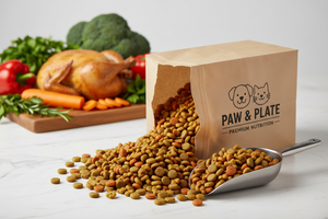 Professional pet food photography, premium dry kibble overflowing from paper bag, scattered kibble pieces on marble surface, measuring scoop, fresh ingredients in background (chicken, vegetables), bright clean lighting, commercial product shot, 4k, high quality