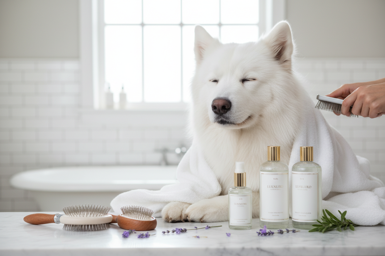 Professional pet grooming photography, luxury pet shampoo bottles and brushes arranged elegantly, fluffy white towel, lavender sprigs, happy clean dog being pampered in soft focus, spa-like atmosphere, bright airy lighting, commercial lifestyle shot, 4k, high quality