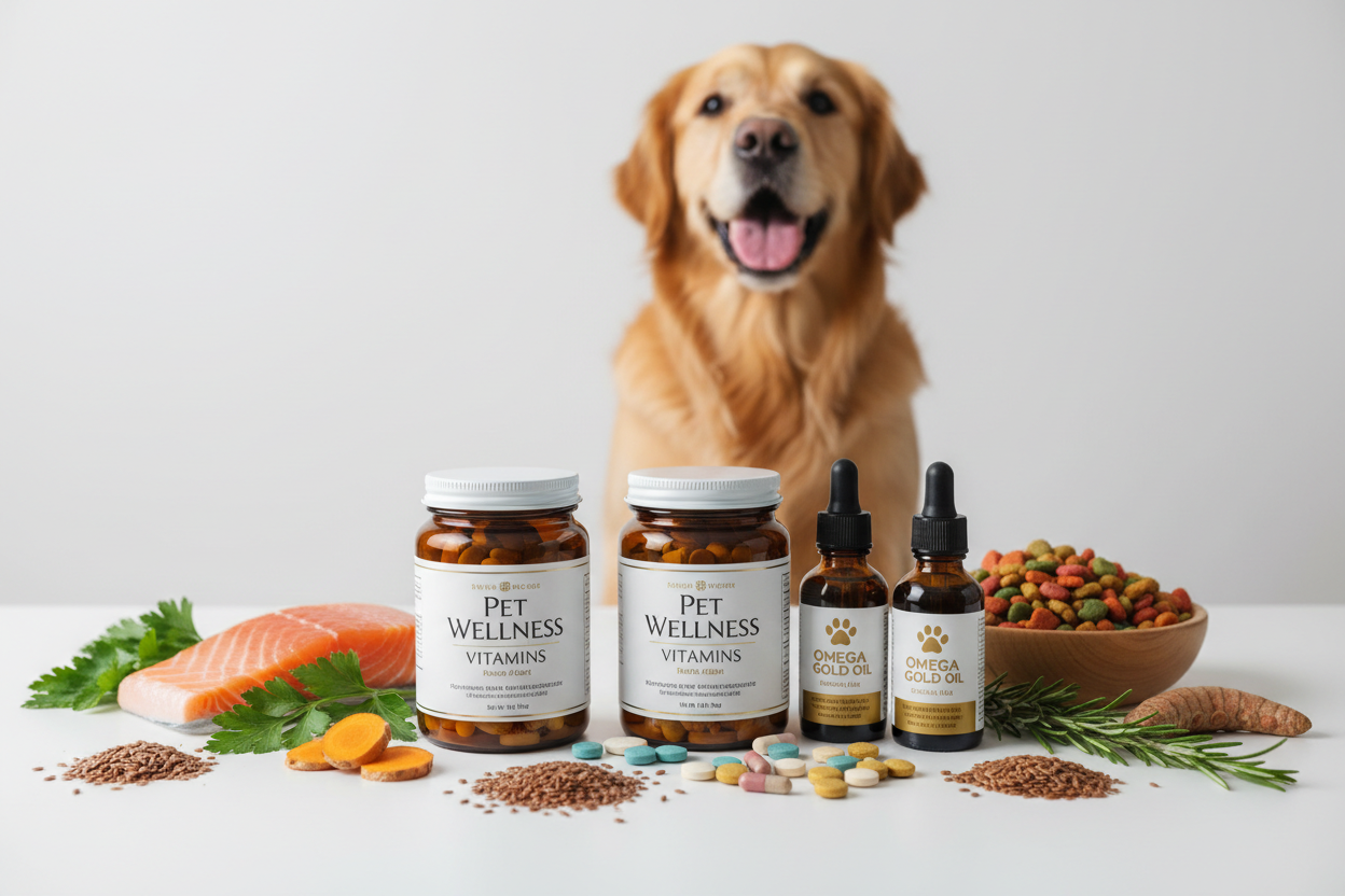 Professional pet health product photography, premium vitamin supplements in glass jars, omega oil bottles, natural ingredients (salmon, turmeric, herbs) arranged around products, healthy happy dog in background, clean white surface, soft natural lighting, commercial product shot, 4k, high quality